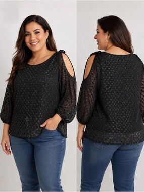 Highline Collective Black Swiss Dot Cold Shoulder Blouse Small